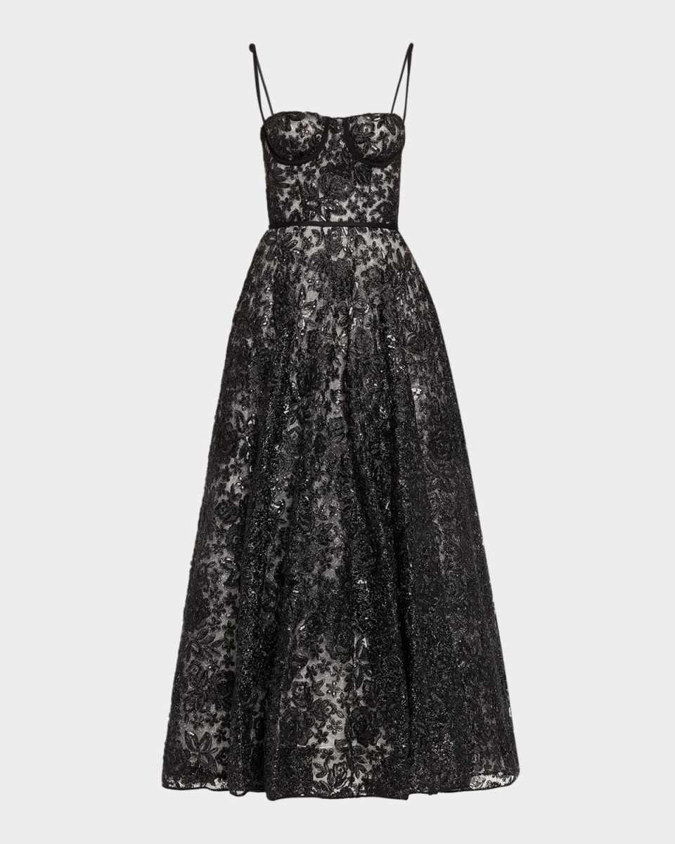 Sequined Floral Lace Bustier A-Line Maxi Dress
